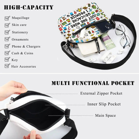 Just One More Geocache I Promise Crossbody Bag shown with contents like glasses and phone, illustrating multifunctional pockets.