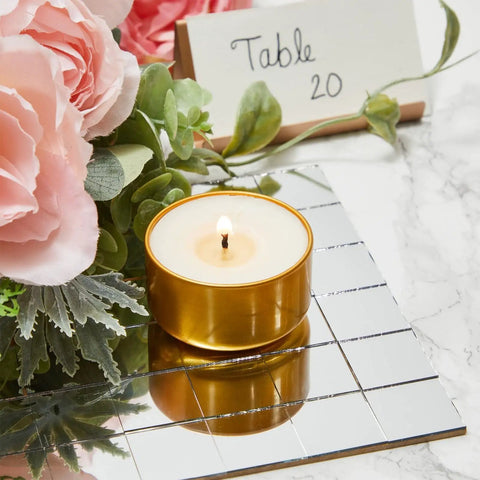 120 Pack Mini Square Mirror Tiles 1x1 Inch For Mosaic Art And Crafts with gold candle and floral decor