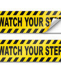 Watch Your Step Adhesive Vinyl Stickers Pack Two Count 10x3 Inch Bright Yellow And Black Hazard Signage For Doors Stairs Thresholds And Public Areas, peel-away vinyl decal