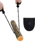 Pocket Chainsaw With Paracord Handle Folding Chain Saw For Camping Hiking Hunting Emergency Outdoor Survival Gear 24 Inch Long 11 Teeth Army Green Compact Durable All Weather Ready For Tough Outdoor Jobs Go To Tool in use cutting wood, pouch beside