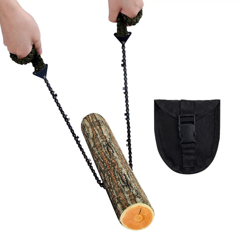 Pocket Chainsaw With Paracord Handle Folding Chain Saw For Camping Hiking Hunting Emergency Outdoor Survival Gear 24 Inch Long 11 Teeth Army Green Compact Durable All Weather Ready For Tough Outdoor Jobs Go To Tool in use cutting wood, pouch beside