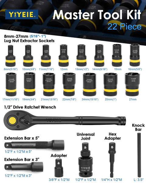 Heavy Duty Bolt Nut Extractor Socket Set With Half Inch Drive Wheel Lock Removal Kit And Ratchet Wrench displayed.
