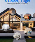 Exterior view of a house with 5 circles showing different lighting temperatures including 5000K for kitchen from 12 Pack 6 Inch Retrofit LED Recessed Lighting Dimmable 12.5W to 100W Daylight 5000K 950 Lumen High Brightness Can Lights With Baffle Trim Damp Rated ETL And FCC Easy Install.