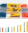 230 Piece Drywall Anchors And Screws Kit With Plastic Wall Plugs In Five Sizes And Three Colors in organized clear box.