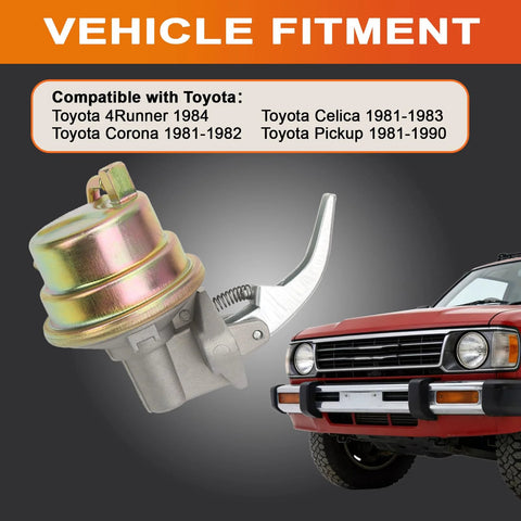 Direct Fit Mechanical Fuel Pump Replacement M60416 For Toyota 4Runner 1984 Celica 1981 1983 Corona 1981 1982 And Pickup 1981 1990 With OE Style Casting And Roller Design For Reliable Performance shown with compatible vehicles