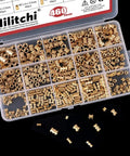 Plastic case with 460 brass knurled threaded inserts for 3D printing M2 M3 M4 M5 female fasteners assortment pack for DIY projects.