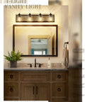 Four-Light Farmhouse Vanity Light Over Mirror With Bubble Glass Shades, Rustic Gray Wood-Look Metal Backplate, Large 31.5 Inch Bathroom Wall Sconce For Modern Rustic Bath Decor And Premium Lighting That Pops above bathroom mirror.
