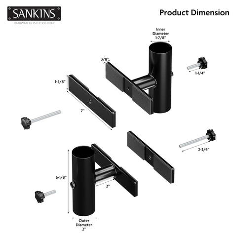 Heavy Duty Patio Umbrella Holder For Deck Railing Adjustable Clamp Mount Base showing product dimensions in inches.