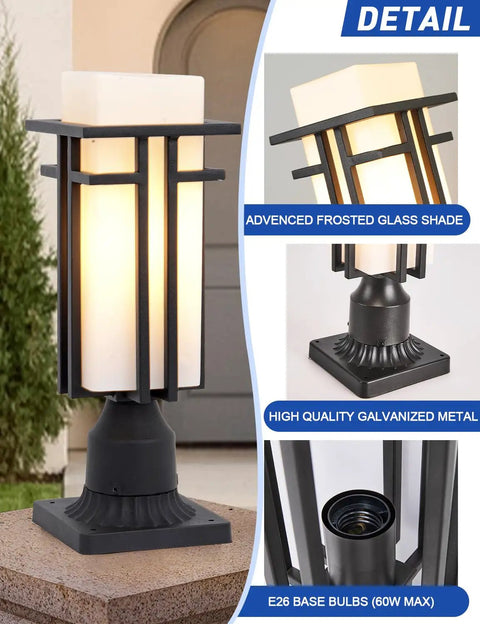 Weatherproof Outdoor Post Lights With Metal Frame And Milk White Frosted Glass Pier Mount, 3 Inch Base, Pillar Lantern For Garden, Backyard And Porch Weather Resistant