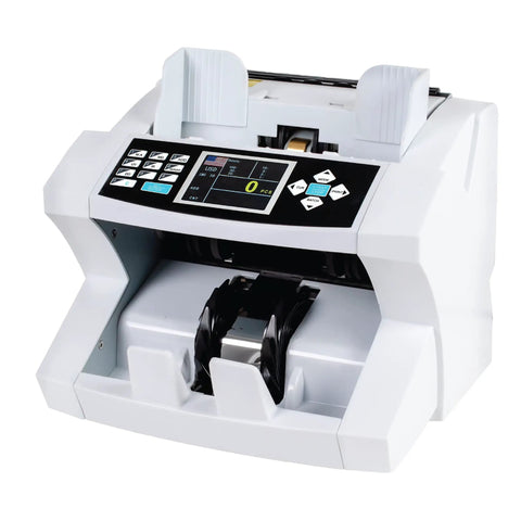 Multi Currency Money Counter With Bank Grade Counterfeit Detection UV MG IR DD Supports USD CAD EUR KRW Fast Cash Counting Up To 1,200 Bills Per Minute With A 500 Bill Hopper No Fluff Banking Or Retail Use, showing front view with display and controls