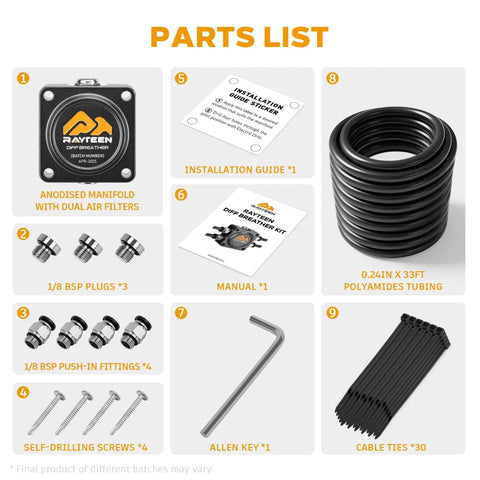 Parts list of High Flow Differential Breather Kit for 4x4 Off Road Jeeps and Trucks with the manifold, tubing, and fittings.