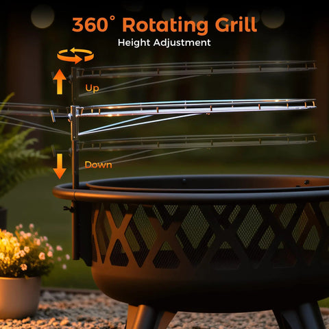 Close-up of 30 Inch Outdoor Fire Pit With Spark Screen And Grill, featuring a rotating grill for dual function use.