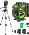 Self Leveling Laser Level With Tripod For DIY Pros And Handymen, 360 Degree Green Cross Lines, 4D Laser Leveler With Included 2 Lithium Batteries, High Precision For Picture Hanging, Tile Work, Home Renovation, Indoor Use; laser level kit with tripod and batteries