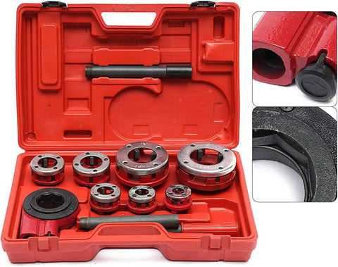 Heavy Duty Ratcheting Pipe Threader Kit Set With Seven Dies From Three Eighths To Two Inches in a red carrying case.