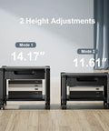 Two-tier under-desk printer stand with 2 height adjustments, rolling printer cart with locking wheels and storage drawer.