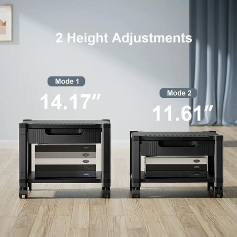 Two-tier under-desk printer stand with 2 height adjustments, rolling printer cart with locking wheels and storage drawer.