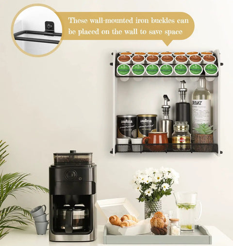 Wall-mounted large capacity K Cup holder and coffee pod organizer with 28 pods on top plus space for extra cups in a kitchen setting.