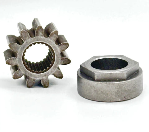 Steering Pinion Gear and Bushing Replacement Kit for LT1046 Lawn Tractors DIY Friendly and Easy Install Includes 11 Tooth Pinion With Splines and Seven Eighth Inch OD Bushing Five Eighth Inch ID Hex Bushing Replacement Parts showing gear and hex bushing.