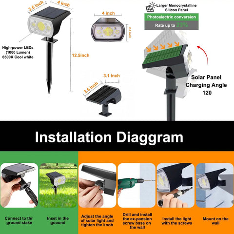 10 Pack Dope Solar Spotlight Outdoor Lights With 64 LEDs 1000 Lumens 3 Lighting Modes IP66 Weatherproof Adjustable Head From 0 To 120 Degrees Solar Powered Garden Pathway And Wall Landscape Light In One Set