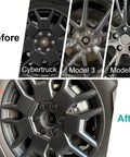Matte Black 24 Piece Wheel Lug Nut Covers Set For Cybertruck Model Y Model 3 with before and after installation view