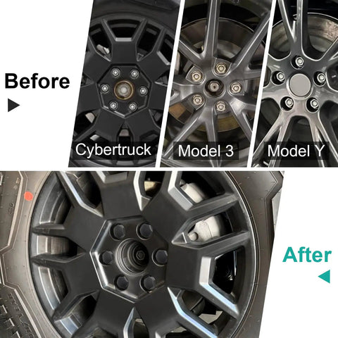 Matte Black 24 Piece Wheel Lug Nut Covers Set For Cybertruck Model Y Model 3 with before and after installation view