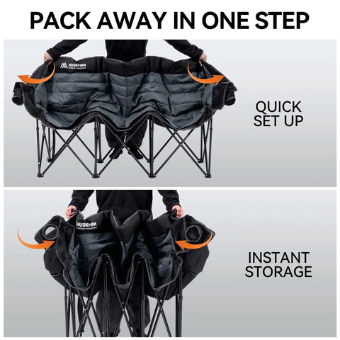 Three Person Folding Camping Chair Couch With Padded Comfort Oversized Outdoor Loveseat Heavy Duty Frame Two Cup Holders And Carry Bag