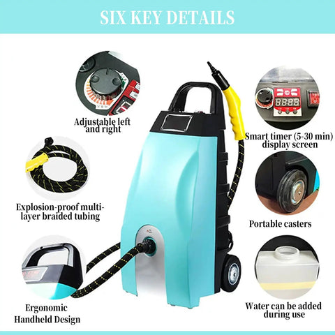 Heavy Duty Industrial Steam Cleaner For Home And Car Use showing adjustable features, ergonomic design, and portable casters.