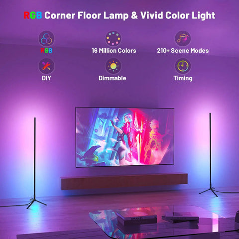 Smart RGB LED Floor Lamp With App And Remote Control, 49 Inch Corner Light illuminating room with vibrant colors