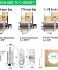 Diagram of 5/8 inch, 7/8 inch, 1-1/8 inch cabinet locks, detailing measurements for 2 Pack Tool Box Lock With Keys 5/8 Inch Cabinet Lock Cam Lock Keyed Alike Set For Toolbox Mailbox RV Storage Doors Replacement Zinc Alloy Built Tough Easy To Install Fits Latching Distance And Door Thickness.