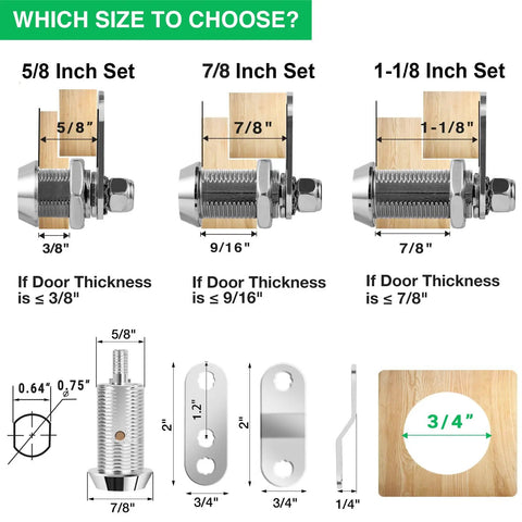 Diagram of 5/8 inch, 7/8 inch, 1-1/8 inch cabinet locks, detailing measurements for 2 Pack Tool Box Lock With Keys 5/8 Inch Cabinet Lock Cam Lock Keyed Alike Set For Toolbox Mailbox RV Storage Doors Replacement Zinc Alloy Built Tough Easy To Install Fits Latching Distance And Door Thickness.