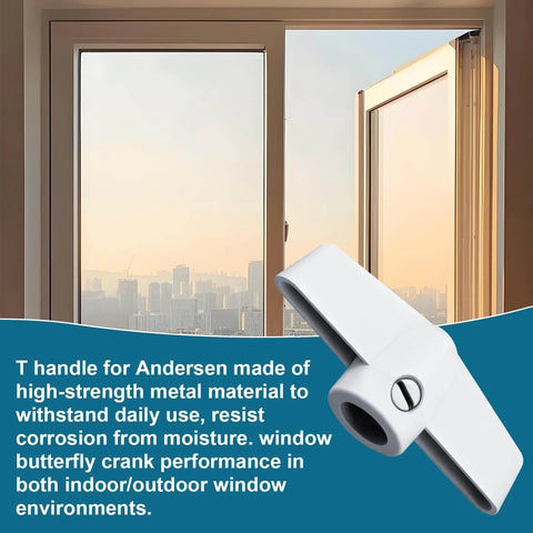 Casement Window Crank Handle For 11/32 Inch Splines With T Handle and Butterfly Wing Nut shown with open window view
