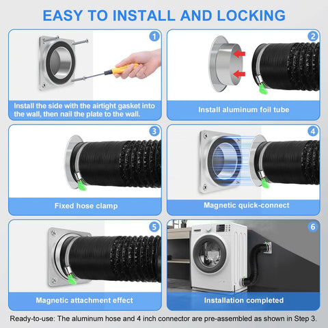 Installation steps for Heavy Duty Magnetic Dryer Vent Connector Kit With Airtight Seal and Quick Connect Hose.