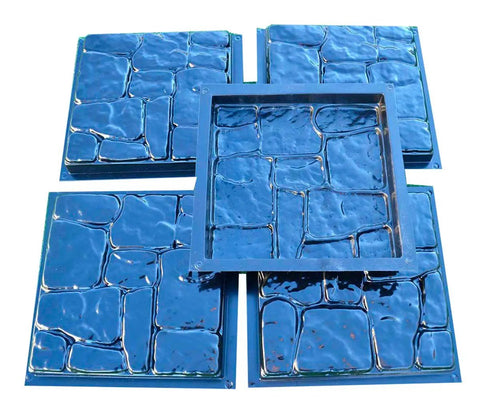 DIY Flagstone Concrete Mold Set 5-piece cobblestone paver molds made of blue ABS plastic for garden path and patio stone casting.