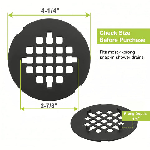 Slick Matte Black Stainless Steel Shower Drain Cover Snap In Rustproof Bathroom Floor Drain Grate with size measurements 4-1/4 inch OD.