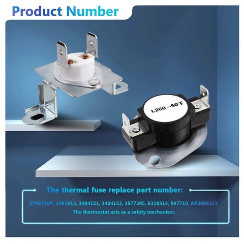 Thermal fuses from Beefed Up Dryer Heating Element And Thermostat Kit With Thermal Cutoff Fuse Replacement 3387747 WP3387747 Bundle