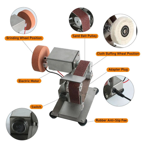 Slick Mini Belt Sander 110V With Quick Adjust Seven Speed Settings Portable showing grinding features and components.