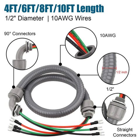 Six Foot Non Metallic Liquid Tight Conduit Kit With Pre Wired 1/2 Inch Electrical Whip Featuring Three 10 AWG THHN Copper Conductors