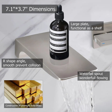 Two Handle Waterfall Wall Mount Tub Faucet In Brushed Nickel, 7.1x3.7 dimensions, premium brass construction, waterfall spout flowing