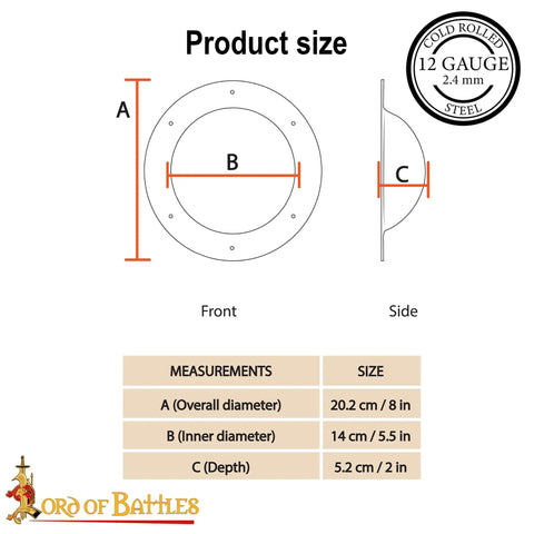 Diagram showing dimensions of Beefy Hand Forged 12 Gauge Iron Shield Boss Umbo For Reenactment And DIY Shields, 20 Cm Domed Hammered Surface