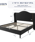 Queen Size Velvet Upholstered Bed Frame With Tall Wingback Headboard And Channel Quilting Modern Retro Bedroom Furniture In Black with dimensions and features.