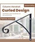 Industrial Grade Wall Mount Handrails For Outdoor Steps And Decks Featuring Wrought Iron Safety Rails With Curved Grips That Are Straight Up Rock Solid And Provide Maximum Safety Year Round, showing a black curled design handrail.