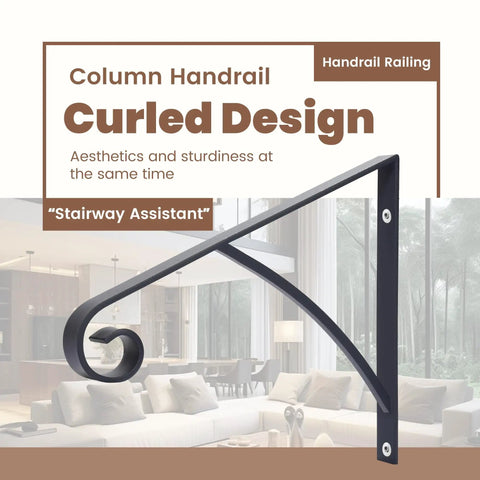 Industrial Grade Wall Mount Handrails For Outdoor Steps And Decks Featuring Wrought Iron Safety Rails With Curved Grips That Are Straight Up Rock Solid And Provide Maximum Safety Year Round, showing a black curled design handrail.
