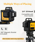 Self Leveling Laser Level Tool with 3x360 Degree Green Beam Lines on wall mount and tripod, showing magnetic base and thread option.