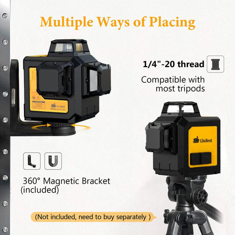 Self Leveling Laser Level Tool with 3x360 Degree Green Beam Lines on wall mount and tripod, showing magnetic base and thread option.
