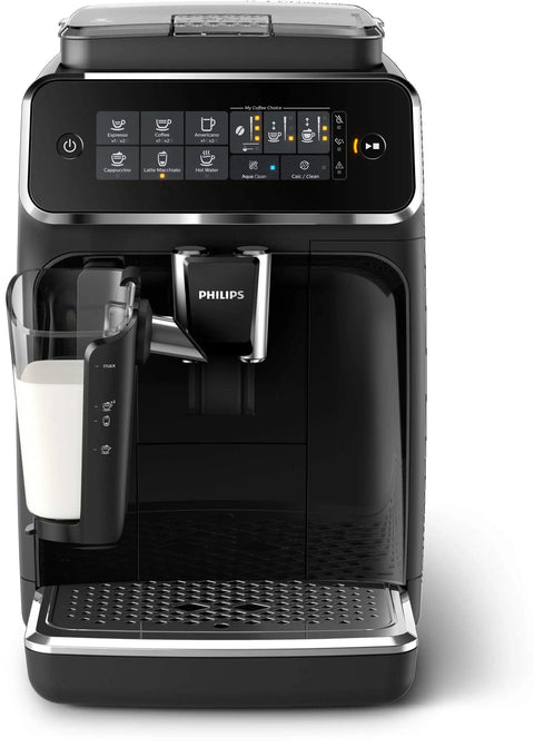 Fully Automatic Espresso Machine With Killer LatteGo Milk Frother And True One Touch Cappuccino Setup For Straight Up Home Coffee Perfection In Sleek Black Certified Refurbished, front view with control panel and frother.