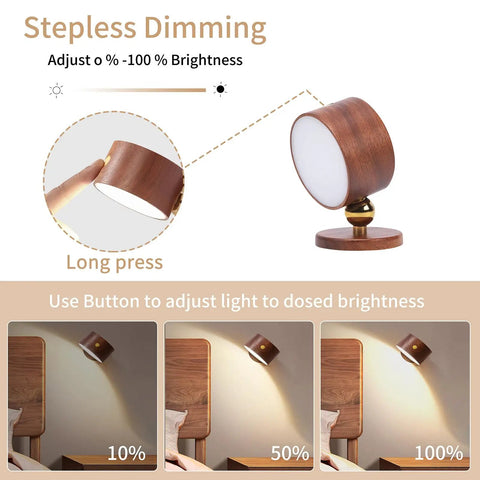 Solid Wood Wall Sconce Lamp With Magnetic 360 Degree Rotation, Cordless Rechargeable LED on stepless dimming display