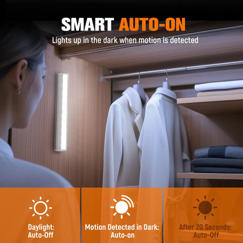 Motion Sensor LED Lights 6 Pack Battery Operated With 10 LEDs Per Bar installed in closet illuminating clothes