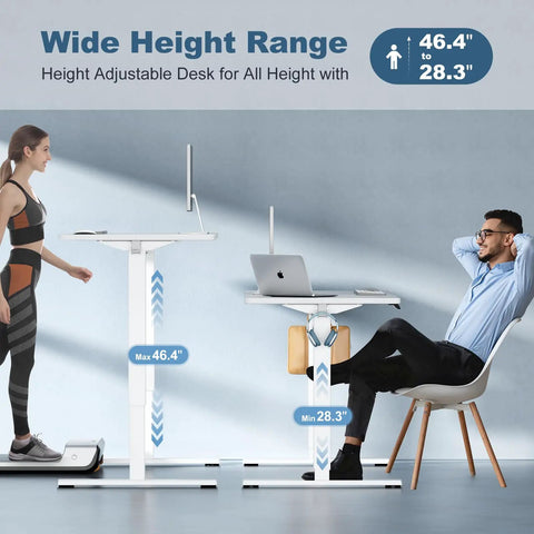 Person walking on treadmill beside 40 Inch Electric Standing Desk With Memory Presets, desk height shown at 46.4 to 28.3 inches.
