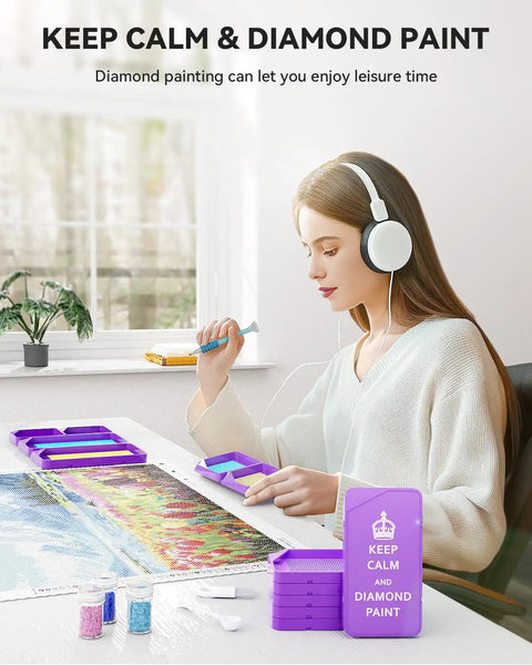 Woman using 30 Piece Stackable Tray Set For Diamond Art Kits With Interlocking Trays And Tools For Adults Purple Color