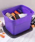 Hella Spacious 18 Gallon Storage Tote With Snug Snap Lid, Stackable Plastic Bins For No Sweat Closet Organization, Durable Handle Grips, Opaque Purple Build, 16 Piece Set filled with seasonal decor.